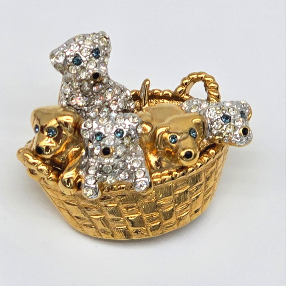 Cookie Lee Gold and Silver Limited Edition Brooch Puppy Dogs In a Basket